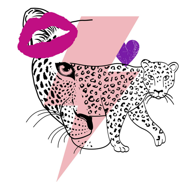 дизайн футболки леопарда с символом грома, изолированного на белом - Вектор,изображение