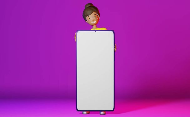 Happy African American girl big smartphone mockup neon purple background 3D rendering app design.freelance werk Studeren advertentie Cartoon multi-etnische karakter student blogger vrouw gadget scherm - Foto, afbeelding
