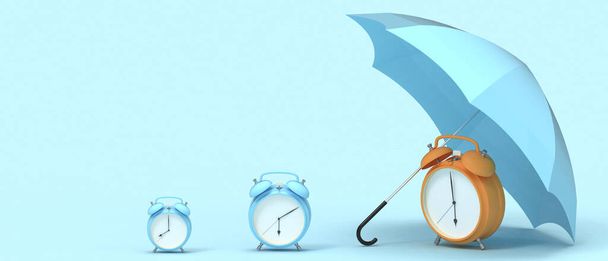 Alarm clock and umbrella with business success concept and time management for business goals - Time concept and risk management and business investment opportunities on Blue background. 3d Rendering - Photo, Image