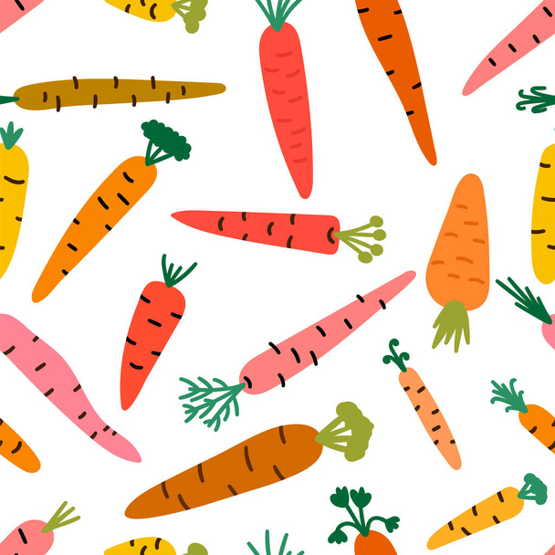 Seamless pattern with hand drawn carrots. Cartoon vegetables. Vegetarian ornament. Healthy food. Vector illustration - Vektori, kuva