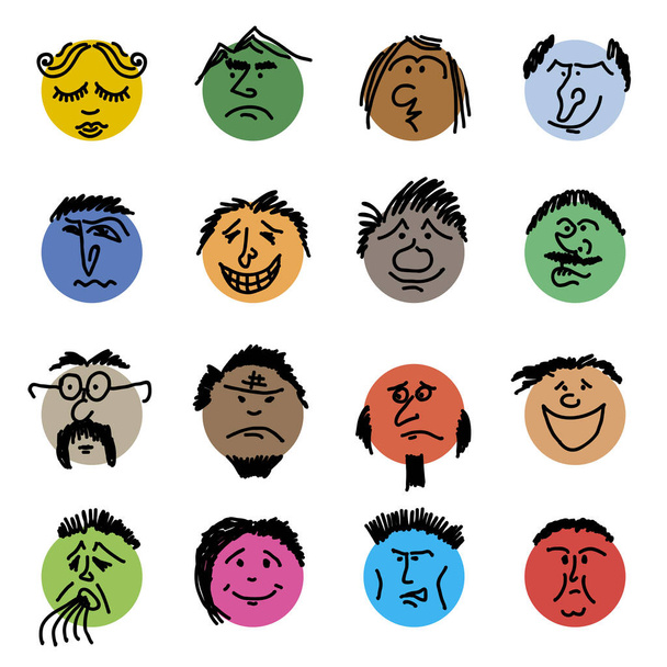 Színes Doodle Heads. Kerek képregény Arcok különböző érzelmekkel. Zsírkréta rajz stílus. Különböző színes karakterek. Rajzfilmfigurák. Kézzel rajzolt trendi illusztráció. Lapos kialakítású körök. - Fotó, kép