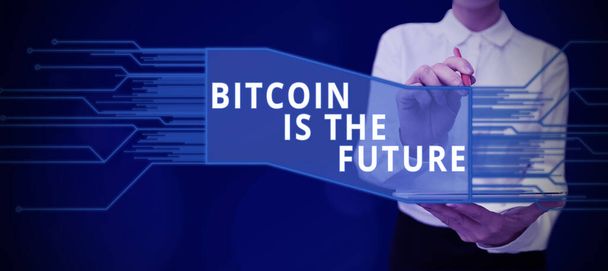 Konceptuální titulek Bitcoin je budoucnost, obchodní vitrína digitální trh, kde obchodníci mohou koupit a prodat bitcoiny - Fotografie, Obrázek