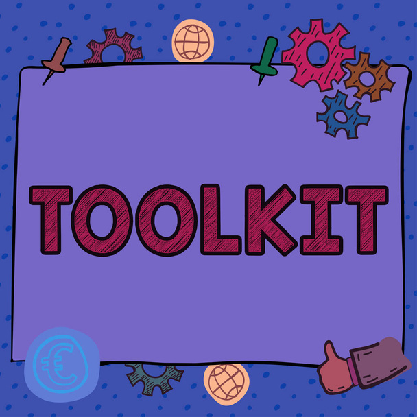 Escribir mostrando el kit de herramientas de texto, Muestra de negocios conjunto de herramientas guardadas en una bolsa o caja y utilizadas para un propósito particular - Foto, imagen