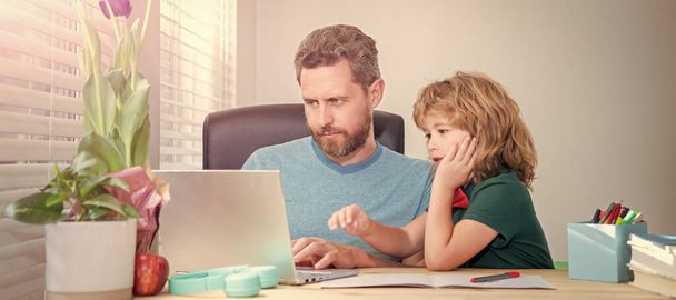 Banner of home school of father and son with laptop at home, online education on laptop. homeschooling and elearning. back to school. concentration - Photo, Image