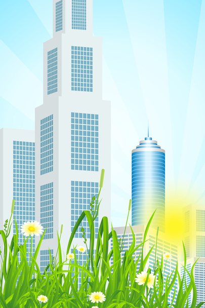 Green Grass with Skyscrapers - Vector, imagen