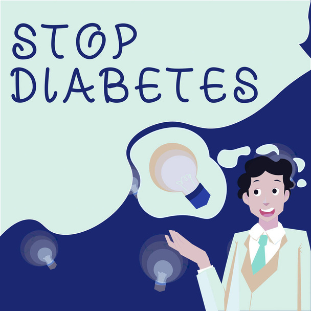 Signe affichant Stop Diabète, Mot pour le taux de sucre dans le sang est plus élevé que la normale Insuline injectable - Photo, image