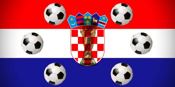 9 декабря 2022 года, Флоренция, Италия, Хорватский флаг с кубком мира в середине. Концепция футбольной сборной Хорватии по футболу. - Фото, изображение
