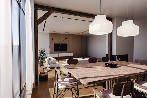 Table à l'intérieur d'un salon avec lumière extérieure et mobilier moderne et cheminée rendu 3d - Photo, image