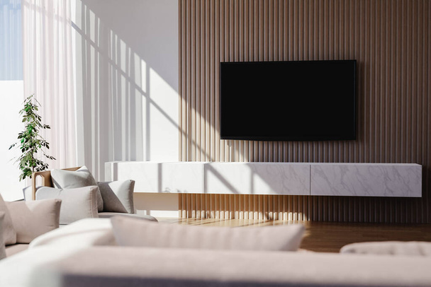 Diseño interior con pared decorada con tablones de madera y TV encima del gabinete de mármol blanco colgante en la sala de estar con sofá gris - Foto, imagen