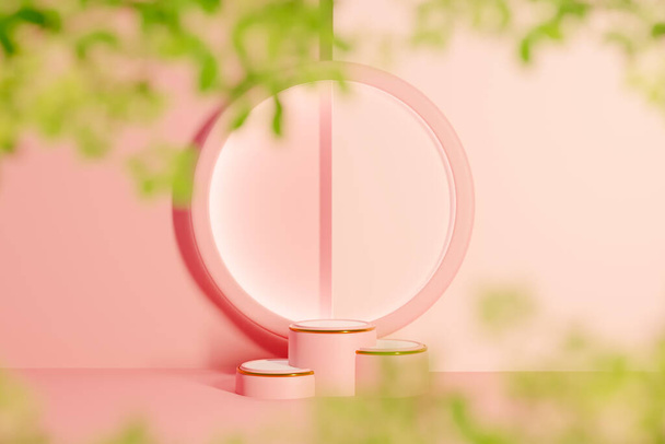 ピンクの丸型ディスプレイの3次元レンダリングぼやけた緑の葉のリングランプと壁近くの表彰台 - 写真・画像