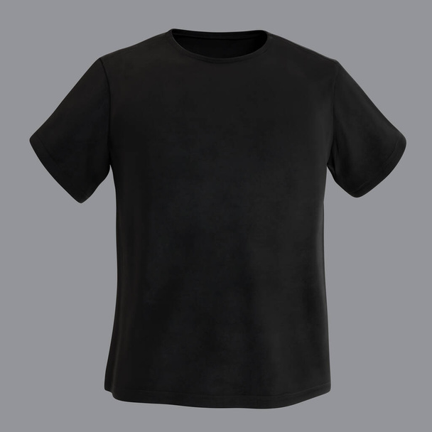 schlicht T-Shirt-Attrappe leeres Design schwarzes Hemd auf grauem Hintergrund 3D-Illustration - Foto, Bild