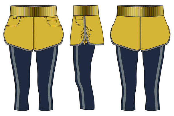 Women Running trail Shorts with compression leggings tights Capri pants design flat sketch fashion Εικονογράφηση για κορίτσια και γυναίκες, shorts concept με εμπρόσθια και οπίσθια όψη για παρακολούθηση ενεργής φθοράς. - Διάνυσμα, εικόνα