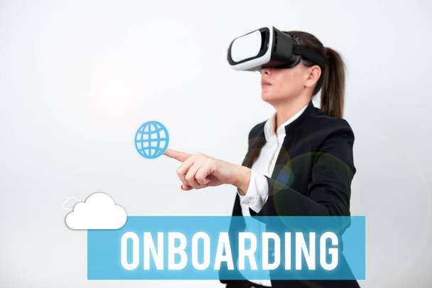 Szöveges megjelenítés Onboarding, Üzleti megközelítés Cselekvési folyamat egy új alkalmazott szervezetbe való integrálásához - Fotó, kép