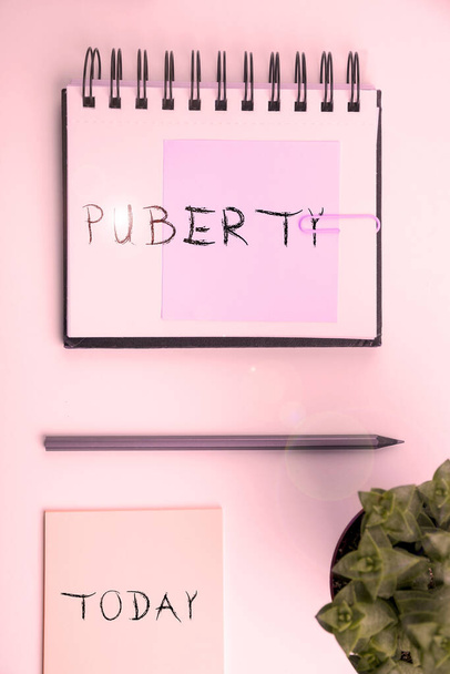 Inspiration, die Zeichen der Pubertät zeigt, Business Überblick über die Zeit, in der die erste Fähigkeit, sich sexuell zu reproduzieren - Foto, Bild