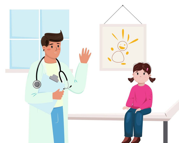 Γιατρός παιδίατρος ελέγχει τον μικρό ασθενή. Εικονογράφηση με γιατρό και κορίτσι στο δωμάτιο. Παιδιατρική υγεία, παιδιατρική, υγειονομική περίθαλψη, νοσοκομειακή απεικόνιση έννοιας. - Διάνυσμα, εικόνα