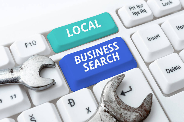 Podpis tekstowy przedstawiający Local Business Search, Word Wpisany na poszukiwania produktu lub usługi, która znajduje się lokalnie - Zdjęcie, obraz