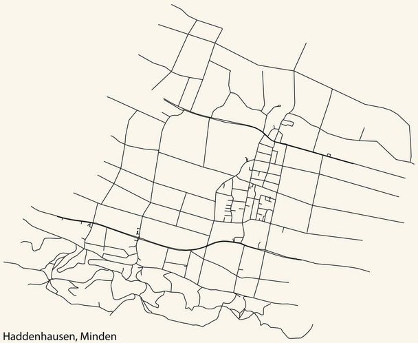 Navigazione dettagliata linee nere strade urbane mappa del quartiere HADDENHAUSEN della città tedesca di MINDEN, Germania su sfondo beige vintage - Vettoriali, immagini