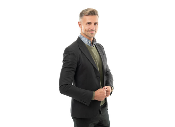 happy mature guy has great style isolated on white background. mature guy in jacket. studio shot of mature guy. good looking mature guy. - Φωτογραφία, εικόνα