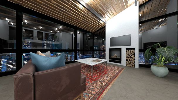 3D rendering of the living room and dining room with night view - Foto, Bild
