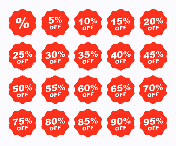 Discount tags with percentage graphic design. Set sale 10%, 20%, 30%, 40%, 50%, 60%, 70%, 80%, 90% off starburst sticker vector design. Special offer price sign banners - Vector, Imagen