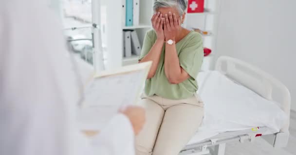 Cancer diagnosis, doctor and patient sad, stress and test results with bad news, illness and sick, discussion about health in hospital. Depression, anxiety and fear, oncology consult and healthcare - Filmmaterial, Video
