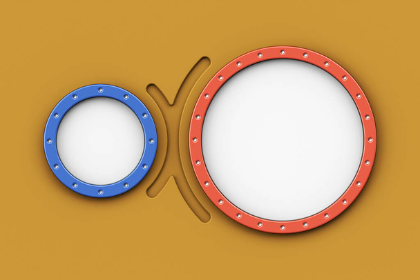 Абстрактная красная круглая рамка с синей круглой рамкой на желтом фоне, мыльный пузырь речи, комментарий в социальных сетях, инфографика диалоговых окон, 3D-рендеринг - Фото, изображение