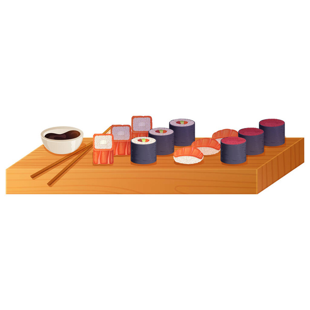 набор суши из дерева, нигири, маки, рулоны, суши, гункан, соевый соус и палочки - Вектор,изображение