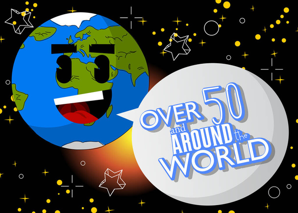 Planeta Tierra con más de 50 y texto alrededor del mundo. Ilustración vectorial de dibujos animados. Espacio, cosmos en el fondo. - Vector, imagen