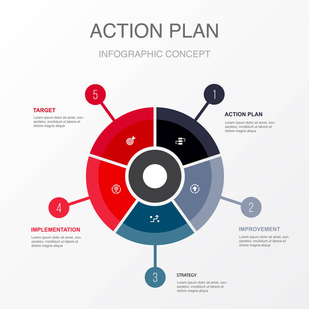plan de acción, mejora, estrategia, implementación, íconos objetivo Plantilla de diseño infográfico. Concepto creativo con 5 opciones - Vector, Imagen