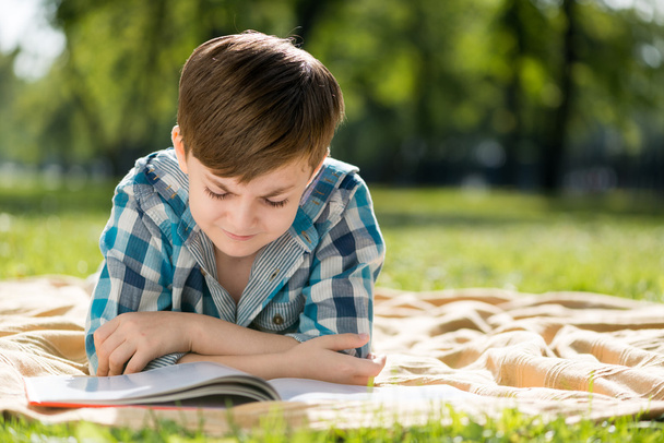 Boy lying on blanket and reading book - Foto, immagini
