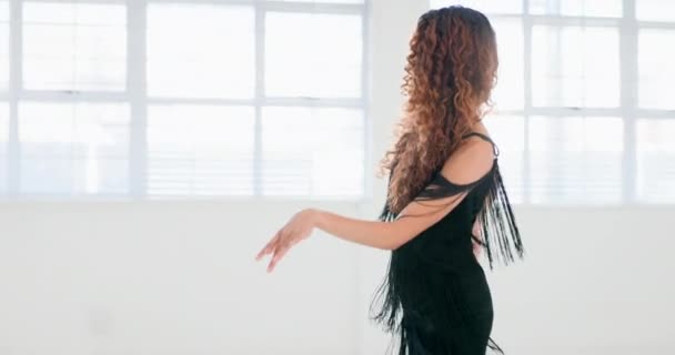 Salsa, παράσταση χορού αίθουσα χορού και γυναίκα κάνει εκπαίδευση, σέξι δημιουργική ρεσιτάλ και πρακτική χορευτική ρουτίνα. Δημιουργικότητα, κομψότητα και επαγγελματική χορεύτρια, μαύρο κορίτσι ή προπονητής κάνει σάμπα στο στούντιο. - Πλάνα, βίντεο