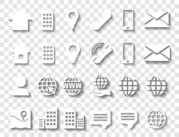 Weißes Icon Set mit Schatten für Location Pin, Telefon, Web und Handy, Personen- und E-Mail-Icons. - Vektor, Bild