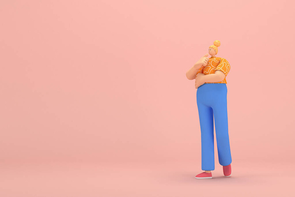 La femme aux cheveux dorés attachés dans un chignon portant un pantalon en velours côtelé bleu et un T-shirt orange à rayures blanches. Elle est l'expression de la main quand elle parle. 3d rendu de personnage de bande dessinée dans le jeu. - Photo, image