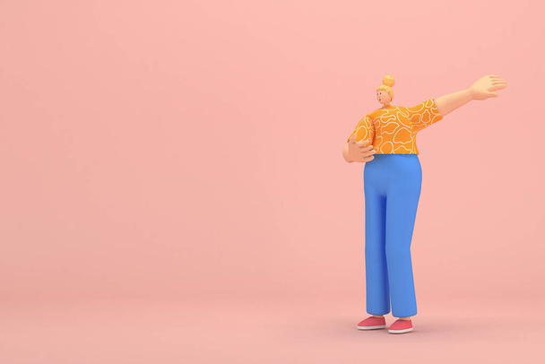 The woman with golden hair tied in a bun wearing blue corduroy pants and Orange T-shirt with white stripes.  She is expression  of hand when talking. 3d rendering of cartoon character in acting. - Photo, Image