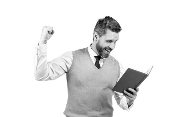 successful ceo with notepad. amazed man planning his work. boss ready to examine business report isolated on white. mature man hold planner. agenda. businessman hold notebook. - Photo, Image