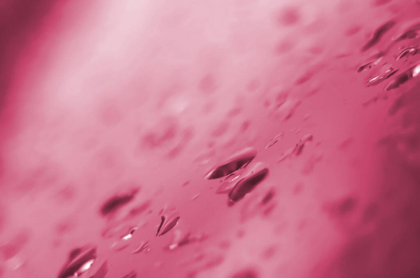 Μικρές σταγόνες βροχής νερού σε γυαλί σε μακροεντολή. Αφηρημένο φόντο της φύσης, εικόνα τονισμένη σε Viva Magenta, χρώμα του 2023 έτους - Φωτογραφία, εικόνα