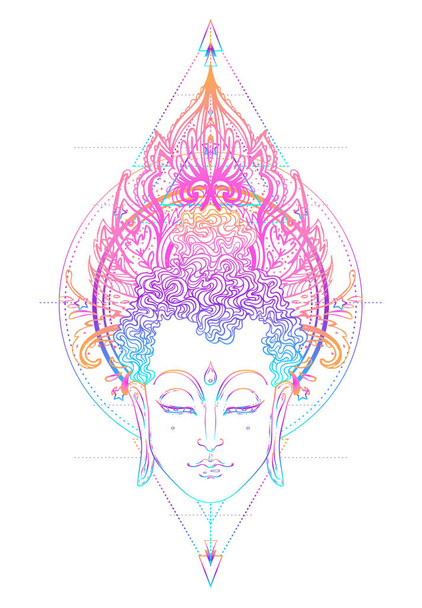 Buddha face over ornate mandala round pattern. Esoteric vintage vector illustration. Indian, Buddhism, spiritual art. Hippie tattoo, spirituality, Thai god, yoga zen Coloring book pages for adults. - Vektor, kép
