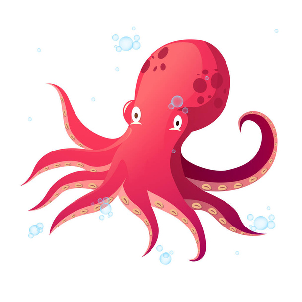 Funny Cartoon Octopus In Sea Vector Illustration - Vector, Imagen