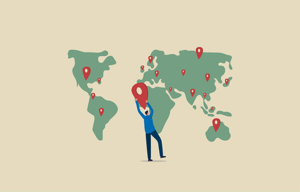 Global expansion strategy. Grow business in a global. Businessman putting pin new branch on global world map. Illustration - Photo, Image
