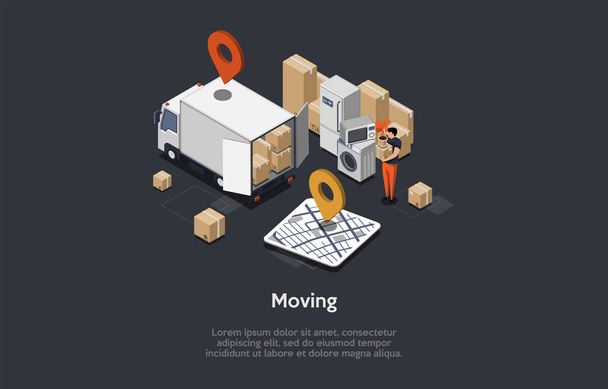 Moving House Service Concept. Cardboard Boxes With Various Household Items, Appliances Prepared for Transportation By Truck. Family Moving to a New Place. Isometric 3d Cartoon Vector Illustration. - Vector, Image
