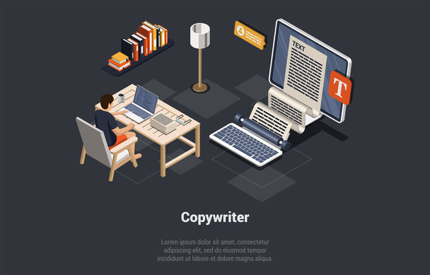Copywriter Job Concept. Writer Typing An Article on Computer. Person Editor Write Electronic Text Book, Letter Or Journal. Man Typing Text At Author Modern Workplace. Isometric 3D Vector Illustration. - Vector, Image