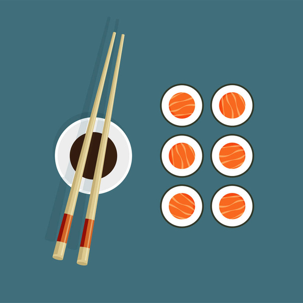 Japanese maki roll with salmon . Chopsticks, soy sauce and sliced red fish. Traditional Asian food. Top view. Restaurant poster. Vector illustration in trendy flat style isolated. - ベクター画像