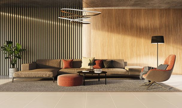 Ilustrace 3D vykreslování velké luxusní moderní světlé interiéry Obývací pokoj mockup počítač digitálně generovaný obraz - Fotografie, Obrázek