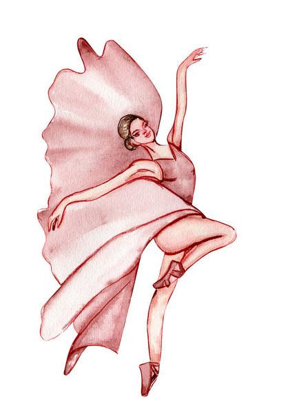 Watercolor dancing ballerina in pink dress. Isolated dancing ballerina. Hand drawn classic ballet performance, pose. Young  pretty ballerina women  illustration. Can be used for postcard and posters.  - Vector, Image
