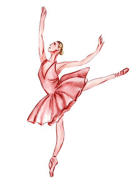 Акварель танцює балерину в рожевій сукні. Ізольована танцювальна балерина. Рука намальована класичним виступом балету, поза. Молоді красиві балерини ілюстрації. Може використовуватися для листівок і плакатів
.  - Вектор, зображення