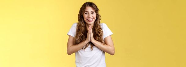 Girl grateful effort thanking dearly bottom heart appreciate help smiling delighted cheerfully make namaste gesture hold palms together pray supplication grinning hopefully asking favor. - Photo, Image
