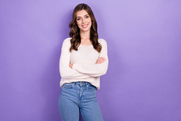 Photo of young successful adorable businesswoman folded hands professional it specialist manager isolated on pastel violet color background. - Zdjęcie, obraz