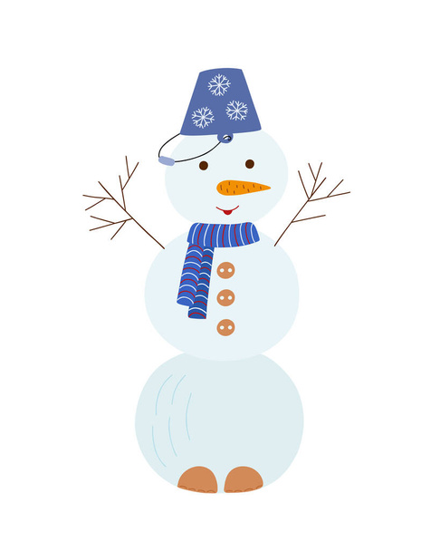 Sneeuwman met emmer, wortelneus, knopen, sjaal schattig cartoon doodle vector illustratie voor kinderen, grappige kleine man, outdoor activiteit in de winter, symbool van vakantie tijd - Vector, afbeelding