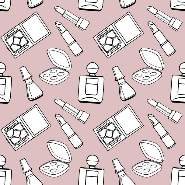 Seamless pattern, drawn contour items of cosmetics on a light background. Makeup background, textile, vector - Vektör, Görsel
