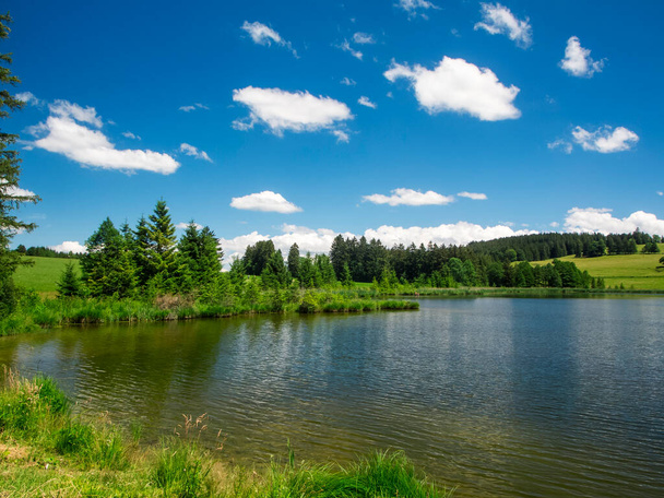 Vista del paisaje en el estanque de Kogel en Allgu Bavaria en verano frente a un cielo azul con nubes blancas. - Foto, imagen